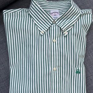 Brooks Brother Shirt 1818 Dress Casual Green White Strip XL Long Sleeve